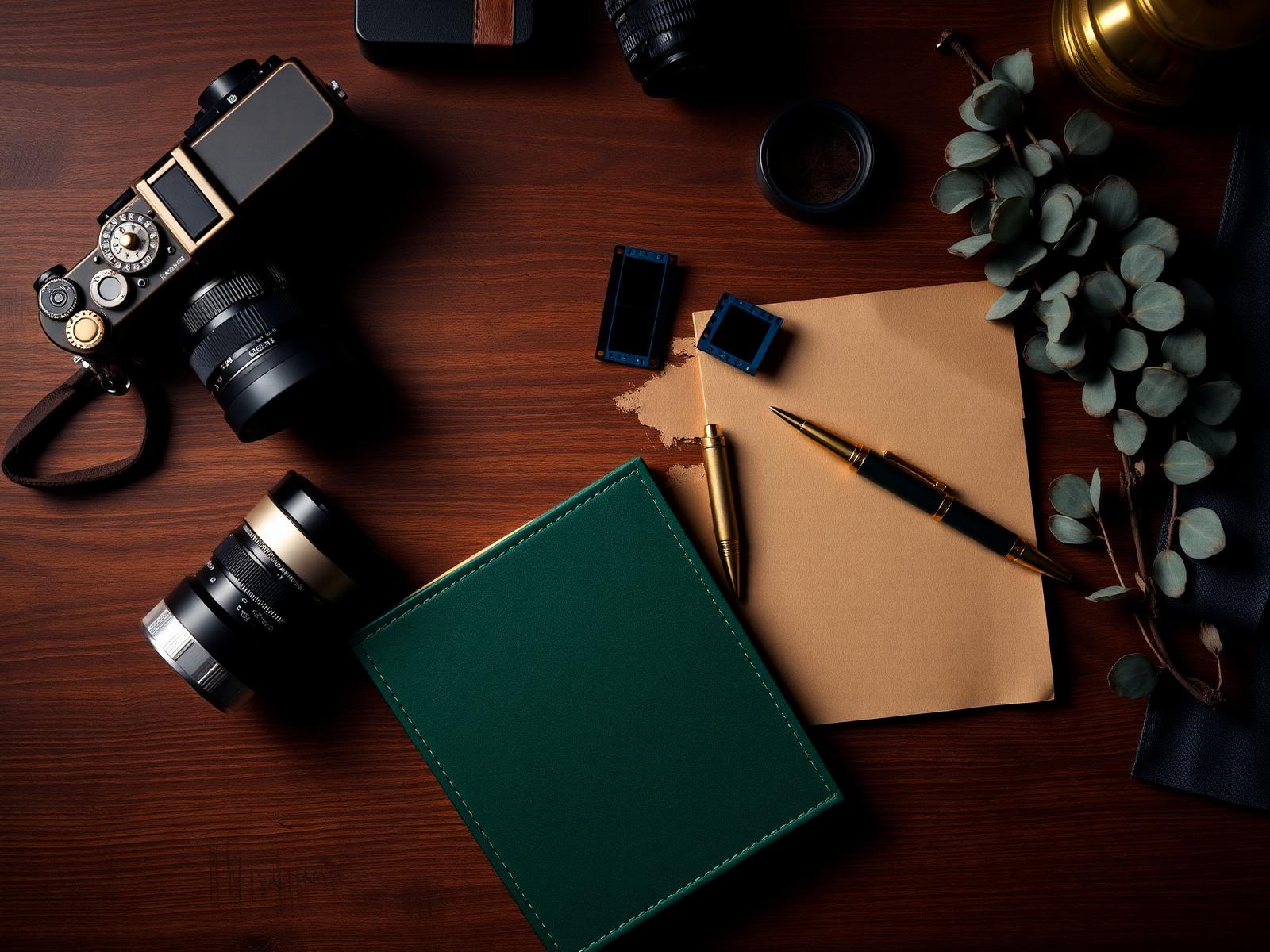 Photographer's oak desk with vintage brass camera, forest green notebook and gold pen